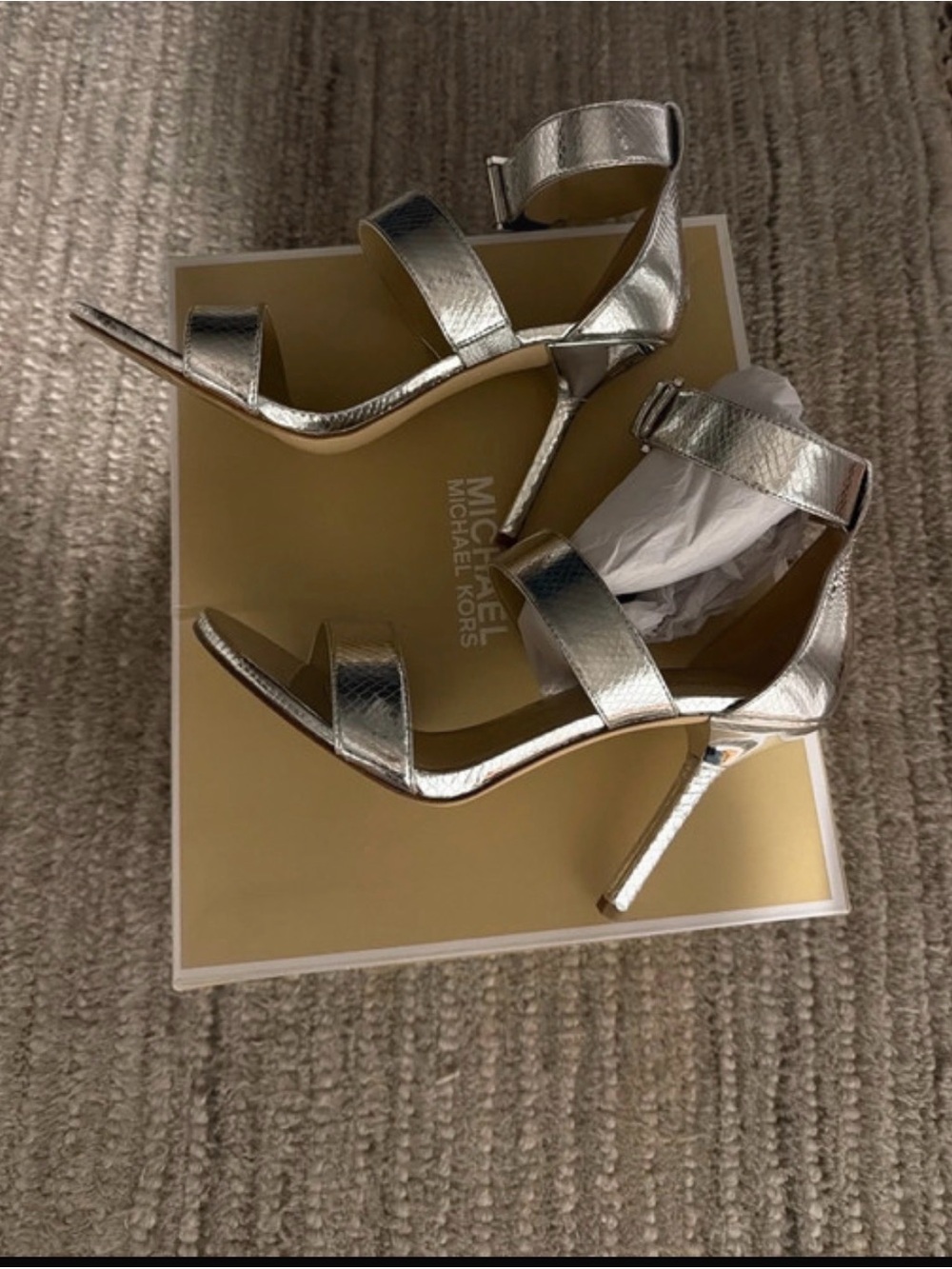 Michael Kors Silver Metallic Strappy Stiletto Sandals - Picture 1 of 5